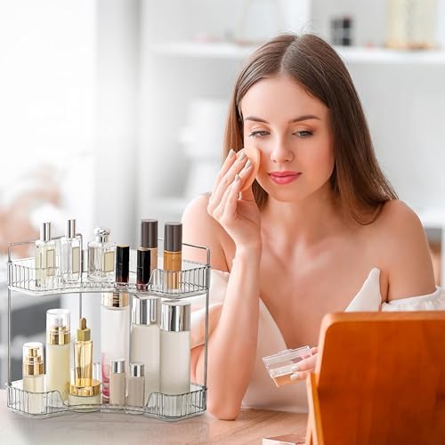2 Tier Corner Bathroom Counter Organizer Bathroom Countertop Shelf Makeup Organizer for Vanity Perfume Tray for Corner Storage (Grey)