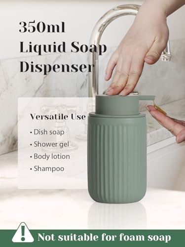 INGOFIN 4 Pcs Ceramic Bathroom Accessory Set - Liquid Soap Dispenser, Toothbrush Holder,Contain Cotton Swab Jar & Soap Dish,Countertop Accessories for Home, Guest Bathroom, Office, Matte Green