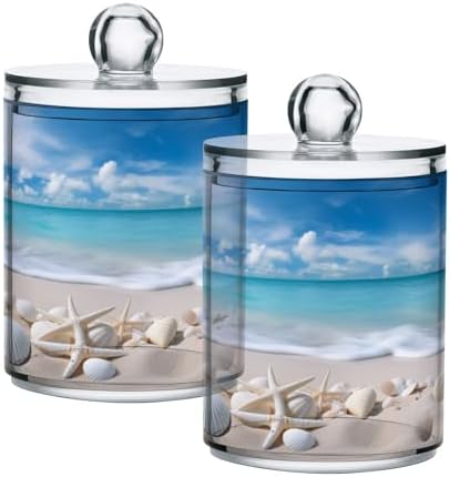 ALAZA 2 Pack Qtip Holder Ocean Seashells Beach, Cotton Swab Dispenser with Lid Bathroom Containers Canister Organizer Storage Jar