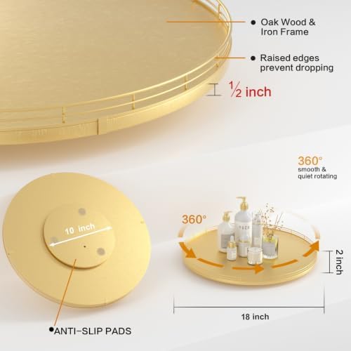 Oroyutor 18-Inch Oak Lazy Susan Organizer with Gold Metal Rail
