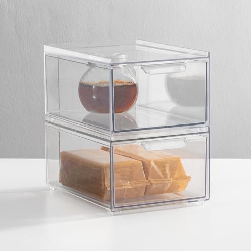 mDesign Stackable Storage Containers Box with Pull-Out Drawer - Stacking Plastic Drawers Bins for Kitchen Pantry and Cupboard, Cabinet, Counter, Island and Tables - Lumiere Collection - 2 Pack - Clear