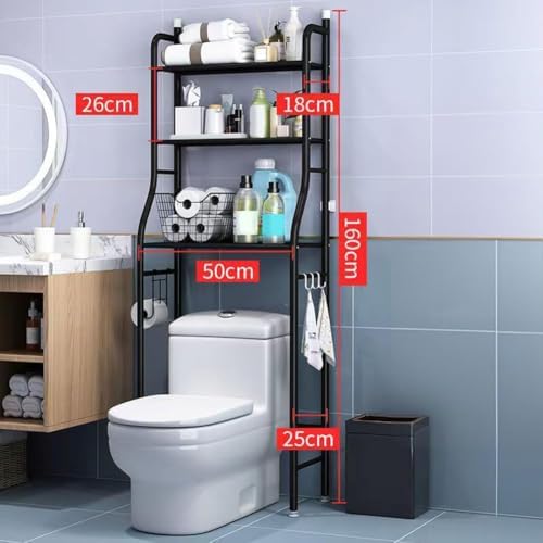 3-Tier Over The Toilet Storage, Freestanding Metal Bathroom Shelves, Above Toilet Storage Rack with Hooks and Paper Holder, Space-Saving, for Bathroom Restroom Laundry, Black