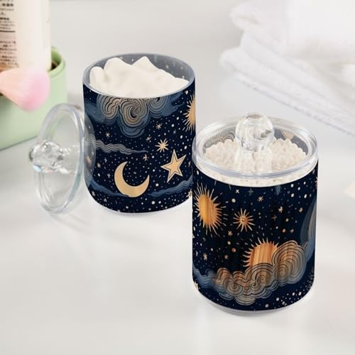 2 Pack Apothecary Jars Bathroom Stars and Moon Qtip Holder Dispenser Clear Plastic Storage Canister Jar with Lid for Cotton Ball, Cotton Swab