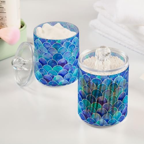 MNSRUU 2 Pack Qtip Holder Organizer Dispenser Blue Scales Of Mermaid Bathroom Storage Canister Cotton Ball Holder Bathroom Containers for Cotton Swabs/Pads/Floss