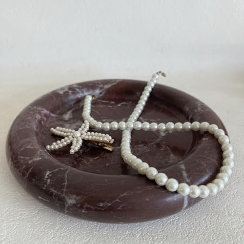 Natural Marble Round Vanity Tray Jewelry Makeup Dish Decorative Tray for Coffee Table,Bathroom,Bedroom (Rosa Levanto)