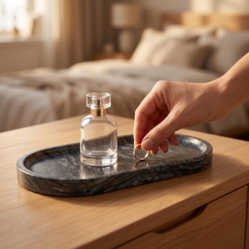 YKAJO Wave Grey Oval Marble Tray, 9.8x4.7 Vanity Perfume Organizer Dish