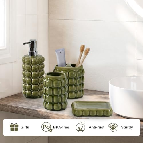 4 Piece Ceramic Bathroom Accessories Set –Soap Dispenser,Toothbrush Holder,Tumbler & Soap Dish,Includes Silicone Funnel,Non-Slip,Modern Farmhouse Countertop Organizer Set for Bathroom Decor, Green