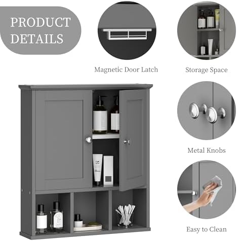 Shintenchi Bathroom Medicine Cabinet, Wall Mounted, Adjustable Shelf, Gray