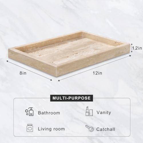 Marble Bathroom Tray for Countertop & Home Decor, Natural Decorative Marble Tray for Jewelry & Perfume Organizer, Stone Vanity Trays for Dresser, Kitchen Counter, 12" x 8", Beige Travertine