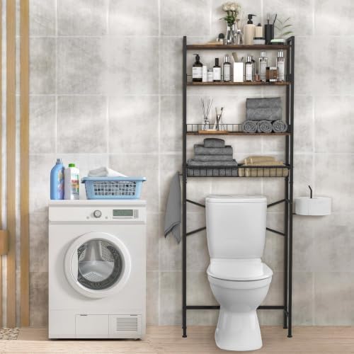 Over The Toilet Storage Shelf, 4-Tier Adjustable Bathroom Organizer with Toilet Paper Holder & Hooks, Metal Space Saver Rack Above Toilet for Bathroom, Kitchen, Black