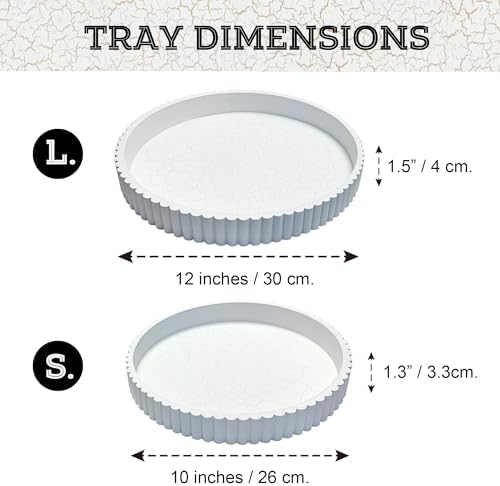 Modern Table 2pcs Nested Round Decorative Trays - Circle Coffee Table Centerpiece Set 12"/10" - Wooden White Crack Finish Bandejas with Fluted Edge