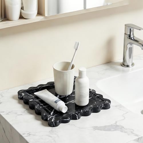 Scalloped Square Marble Decorative Tray, Natural Stone Vanity & Jewelry Tray, Trinket Organizer for Ring, Key, Dresser, Nightstand, Bathroom Counter & Kitchen Sink(Black)