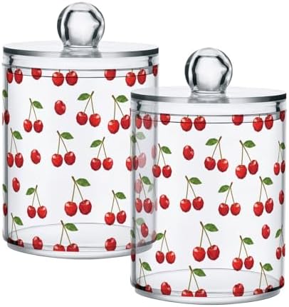 ALAZA 2pcs Red Cherry with Green Leaves Qtip Holder Dispenser 14 oz Bathroom Storage Clear Apothecary Jars Containers Cotton Ball,Cotton Rounds,Floss Picks, Hair Clips, Food