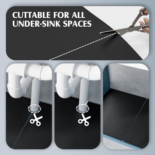 VERIFOST Under Sink Mat for Kitchen, 2 Piece Super Absorbent Undersink Mats for Bottom of Kitchen Sink, 34" X 22" Cuttable Under Sink Liner, Quick-Dry Under Bathroom Sink Mat, Black