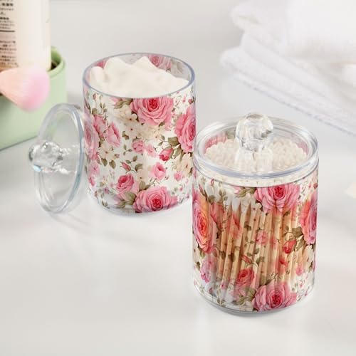Pink Roses Qtip Holder Dispenser 2 Pack Clear Apothecary Plastic Jars Bathroom Counter Organizer for Cotton Pads, Cotton Ball, Cotton Swabs, Floss Picks 10 Oz