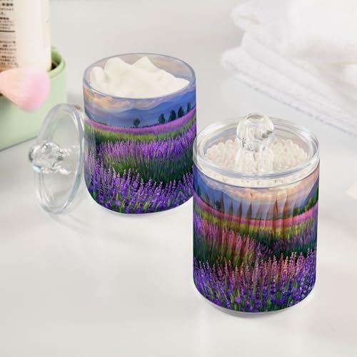 MNSRUU 2 Pack Qtip Holder Organizer Dispenser Lavender Field Bathroom Storage Canister Cotton Ball Holder Bathroom Containers for Cotton Swabs/Pads/Floss