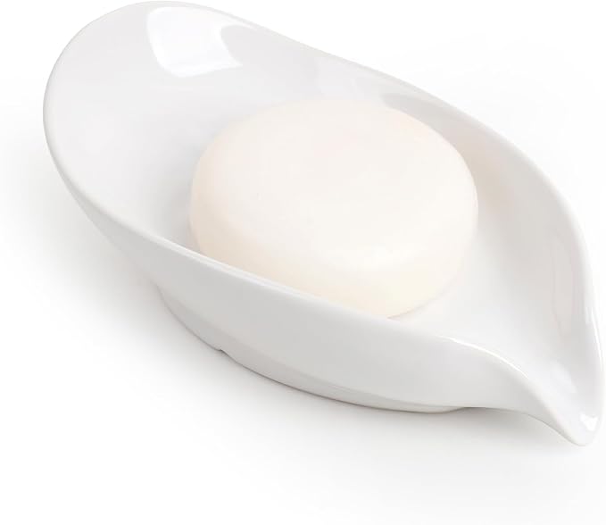 Soap Holder, Self-Draining Soap Dish, White Leaf Shape Ceramic Bar Soap Holder Drain Soap Dishes for Bathroom Sink Kitchen, Easy to Clean Keeps Soap Dry, ANTIS'S HOME