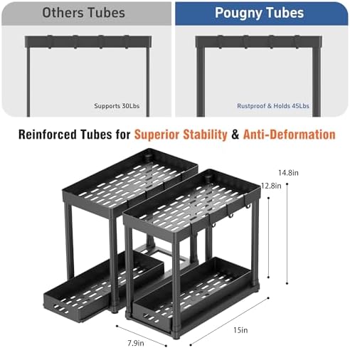 2PC Under Sink Organizer Rack 2 Tier Under Sliding Cabinet Basket Organizer Drawer with 4 Hooks, Multi-purpose Under Sink Storage for Bathroom Kitchen Desktop（Black）