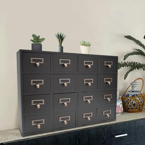 Apothecary Cabinet with 16 Drawers Card Catalog Cabinet, Library Card Catalog Drawer with Metal Handles & Label Slot Wooden Desk Drawer Organizer for Herb Storage, Tea Collection (Black)