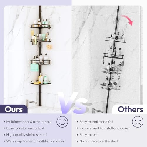 SWTYMIKI Shower Caddy Tension Pole - 4-Tier Corner Shower Organizer Tension Rod, Toothbrush Holder & 4 Hooks, Adjustable Stainless Steel Bathroom Organizer 27.6 to 108.3 inch, Black with Towel Bar