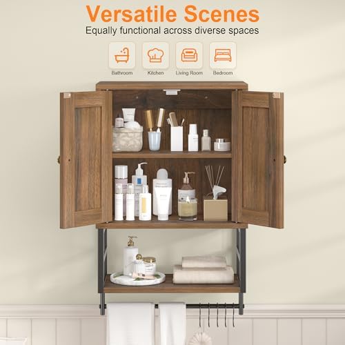 Bathroom Wall Cabinet, Farmhouse Medicine Storage with Towel Bar, Walnut