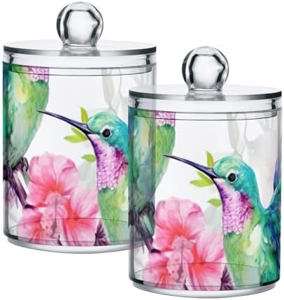 Hummingbirds Qtip Holder 4 Pack - 10 Oz Clear Plastic Apothecary Jar Set for Bathroom Organization - Versatile Canister Storage for Cotton Balls, Swabs, Rounds
