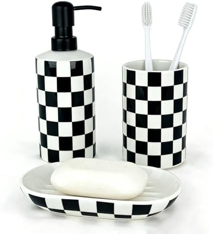 Bathroom Toothbrush Holder Set, Ceramic Soap Dispenser and Tooth Brush Holder and Soap Dish Set, Bathroom Accessories Sets Countertop, Black and White Checkered Bathroom Decor Set