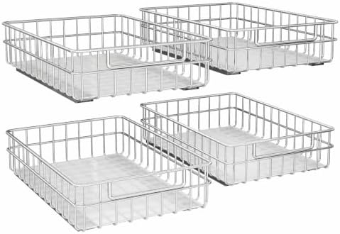Pull out Cabinet Organizer, Stainless Steel 4-Pack (13.8"W x 21"D) Full-Extension Slide out Drawer, Adhesive Roll out Can Spice Storage Basket Shelf Rack for Pantry, Kitchen, Bathroom, Home Closet