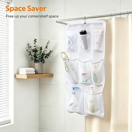 MISSLO 8 Pockets Mesh Shower Organizer Hanging Caddy with Rotating Hanger Quick Dry Bathroom Storage (White)