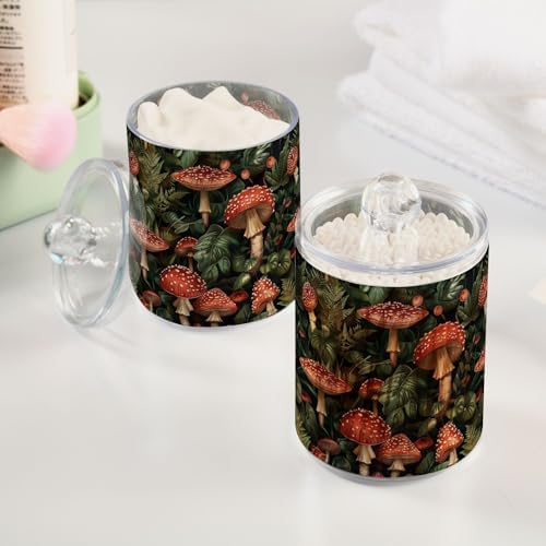 4 Pack Qtip Dispenser Retro Mushrooms and Leaves Apothecary Jars with Lids Bathroom Canister Storage Organization for Cotton Ball, Swab, Floss, Makeup Sponges, Hair Clip 10 Oz