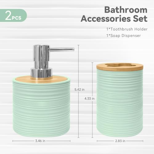 2 PCS Bathroom Accessories Set, Green Soap Dispenser and Toothbrush Holder
