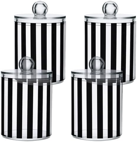 ALAZA Black White Striped 4 Pack Qtip Holder Dispenser for Cotton Swabs, Balls, Pads, Floss 10 oz Plastic Canister Organizer