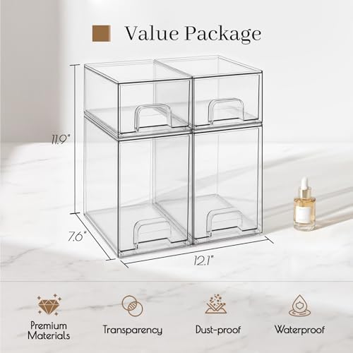TIPGO Clear Stackable Storage Drawers, Baby Bottle Organizer, Easily-Access Makeup Organizer, Durable Containers for Bathroom Countertop, Pantry and Medicine Cabinet Organizer
