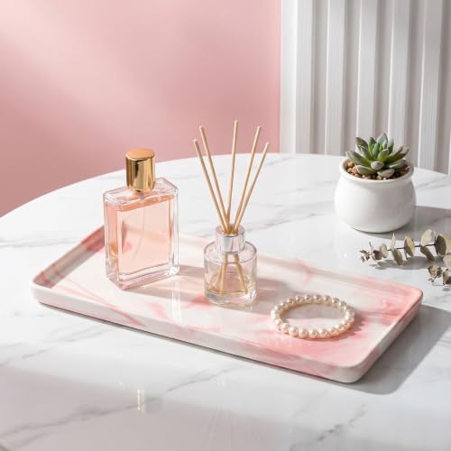 10″ x 3.5″ Ceramic Bathroom Vanity Tray, Rectangular Decorative Countertop Tray for Bathroom Kitchen, Ceramic Organizer Tray for Perfume, Candle, Jewelry, Cosmetics, Soap Dispenser, Marble Pink