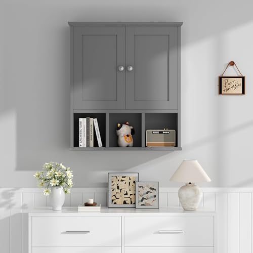 Shintenchi Bathroom Medicine Cabinet, Wall Mounted, Adjustable Shelf, Gray