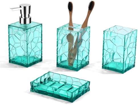GAHEFY Teal Blue Beach Bathroom Accessories Set with Toothbrush Holder, Soap Dispenser, Tumbler, Soap Dish, Turquoise Bathroom Decor,Acrylic (Teal-4pcs)