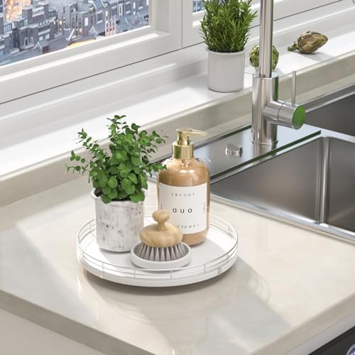 Oroyutor 10-Inch Oak Lazy Susan Vanity Tray with Silver Metal Rail