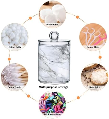 MNSRUU 2 Pack Qtip Holder Organizer Dispenser Stylish White Marble Texture Bathroom Storage Canister Cotton Ball Holder Bathroom Containers for Cotton Swabs/Pads/Floss