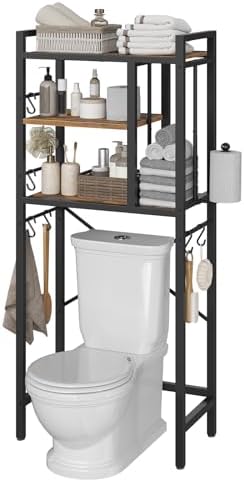 YATINEY Over The Toilet Storage Rack, 3-Tier Bathroom Organizer Shelf, Above Toilet Storage with Paper Holder 8 Hooks, Over The Toilet Storage Cabinet for Bathroom, Rustic Brown and Black TR06BR