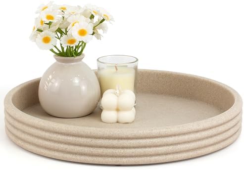 Round Decorative Tray, Modern Coffee Table Tray Decor 11" Resin Beige Tray