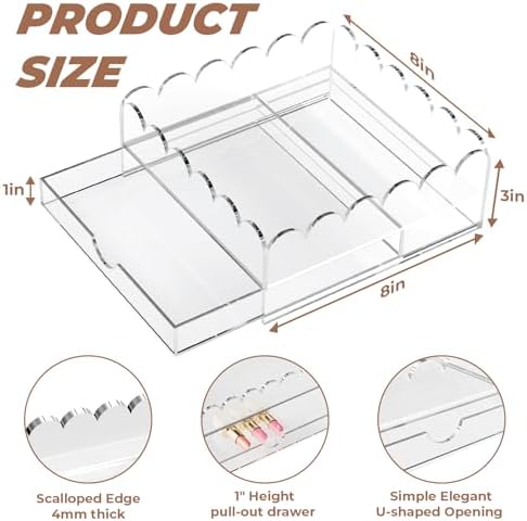 Scalloped Acrylic Tray, 8”x 8” Clear Acrylic Tray with Upgraded 1" Height Drawer for Vanity Jewelry Makeup Organized Skincare Storage, Acrylic Display Tray for Insert Needlepoint Photo Art Home Decor