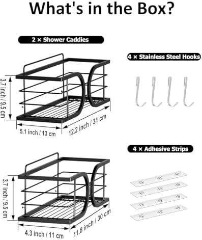 Shower Caddy No Drill Adhesive Wall Mounted SUS304 Stainless Steel Durable Large Capacity Shower Rack Organizer Quick Dry Rustproof Bathroom Storage Shelves - 2 Pack (Black)