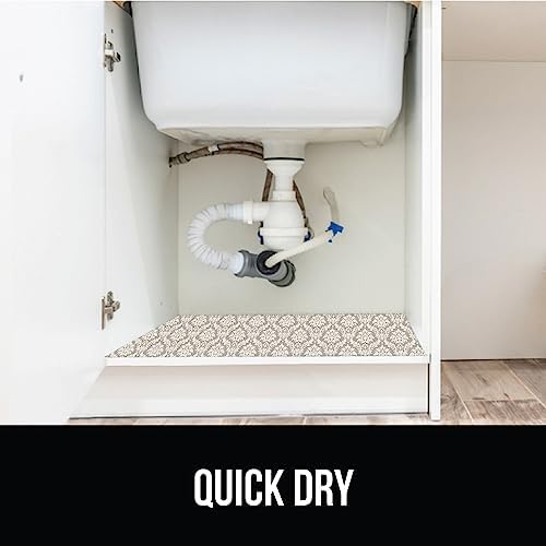 GORILLA GRIP LeakGuard Under Sink Mat for Cabinet, 24x30 Damask Taupe Cream
