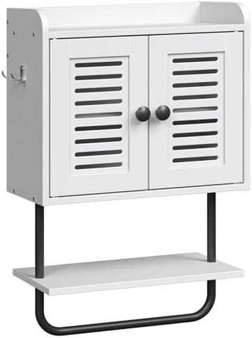 HOOBRO Medicine Cabinet, Double Doors Bathroom Wall Cabinet with Towel Bar, Adjustable Shelf, 2 Hooks, Over The Toilet Storage Cabinet, for Bedroom, Kitchen, White BW46CW01