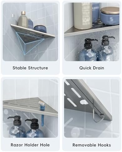 DAYONE 10" Corner Shower Shelf Brushed Nickel, 304 Stainless Steel Slot Design Recessed Corner Shelves with 2 Hooks and 4 Holes, for Bathroom Shower Kitchen 2 Pack
