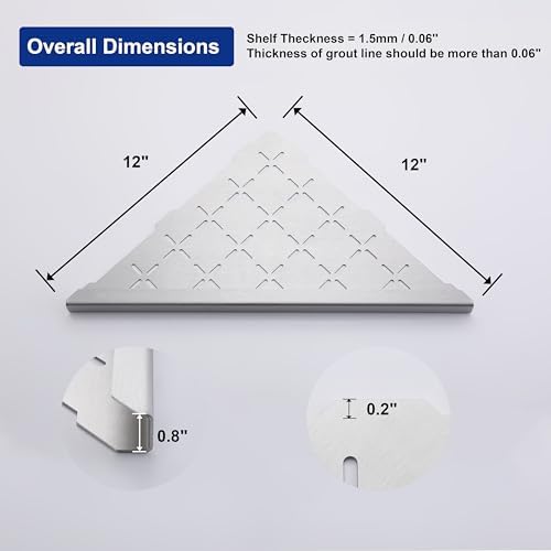 12" Corner Shower Shelf, 1-Pack Shower Shelves SUS304 Stainless Steel Bathroom Shelves for Tile Walls, Recessed Corner Shelf Organizer Rack, No Drilling (Brushed)