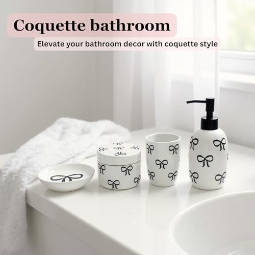 Pink Bathroom Set, 4 Pcs Ceramic Bathroom Accessory Sets - Soap Dispenser, Tumbler Toothbrush Holder, Vanity Soap Tray, Cotton Swab Jars - Pink Bathroom Decor Gift for Her (Black)