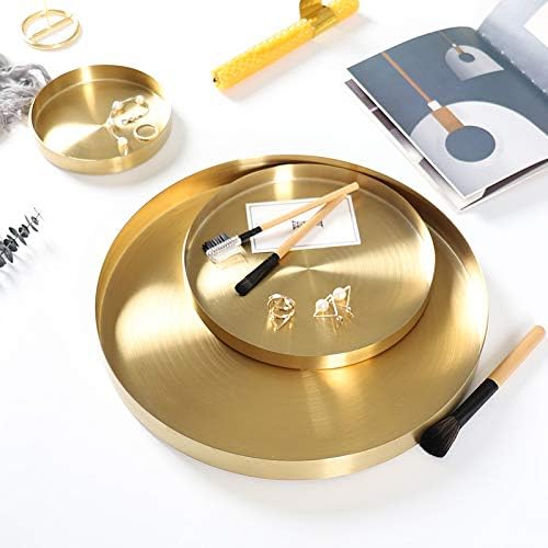 IVAILEX Round Gold Tray Stainless Steel Jewelry, Make up, Candle Plate Decorative Tray (8.6 inches)