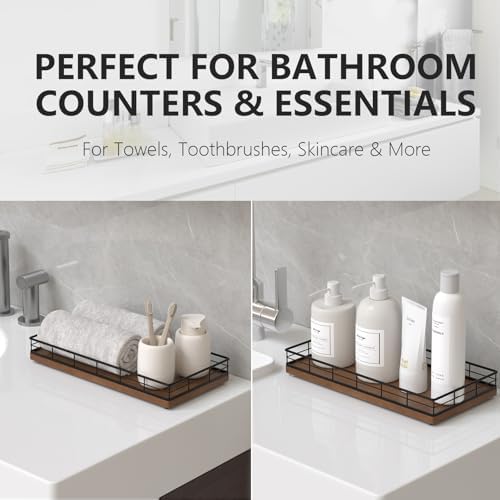 Toilet Paper Basket Organizer, Oak Wood Toilet Tank Tray with Metal Frame