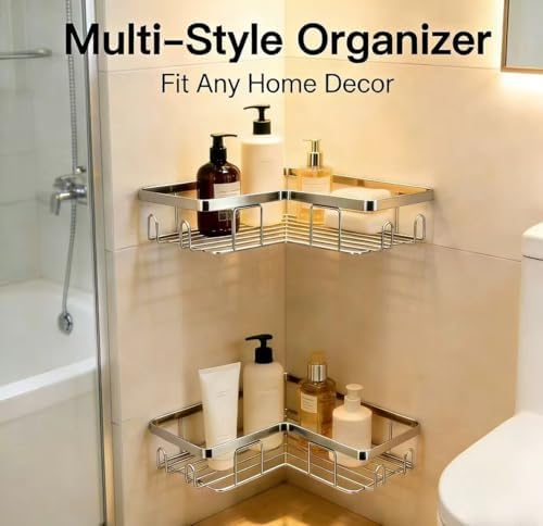 Shower Caddy 2 Pack, Stainless Steel No Drilling Adhesive Bathroom Organizer Shelf Rack, Corner Shower Shelf with Hooks for Home Decor & Storage